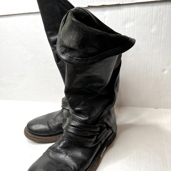 AS98 Leather Moto Boots Size 36 6 6.5 Black Knee High Foldover Cuff Fringe Biker - Picture 12 of 12